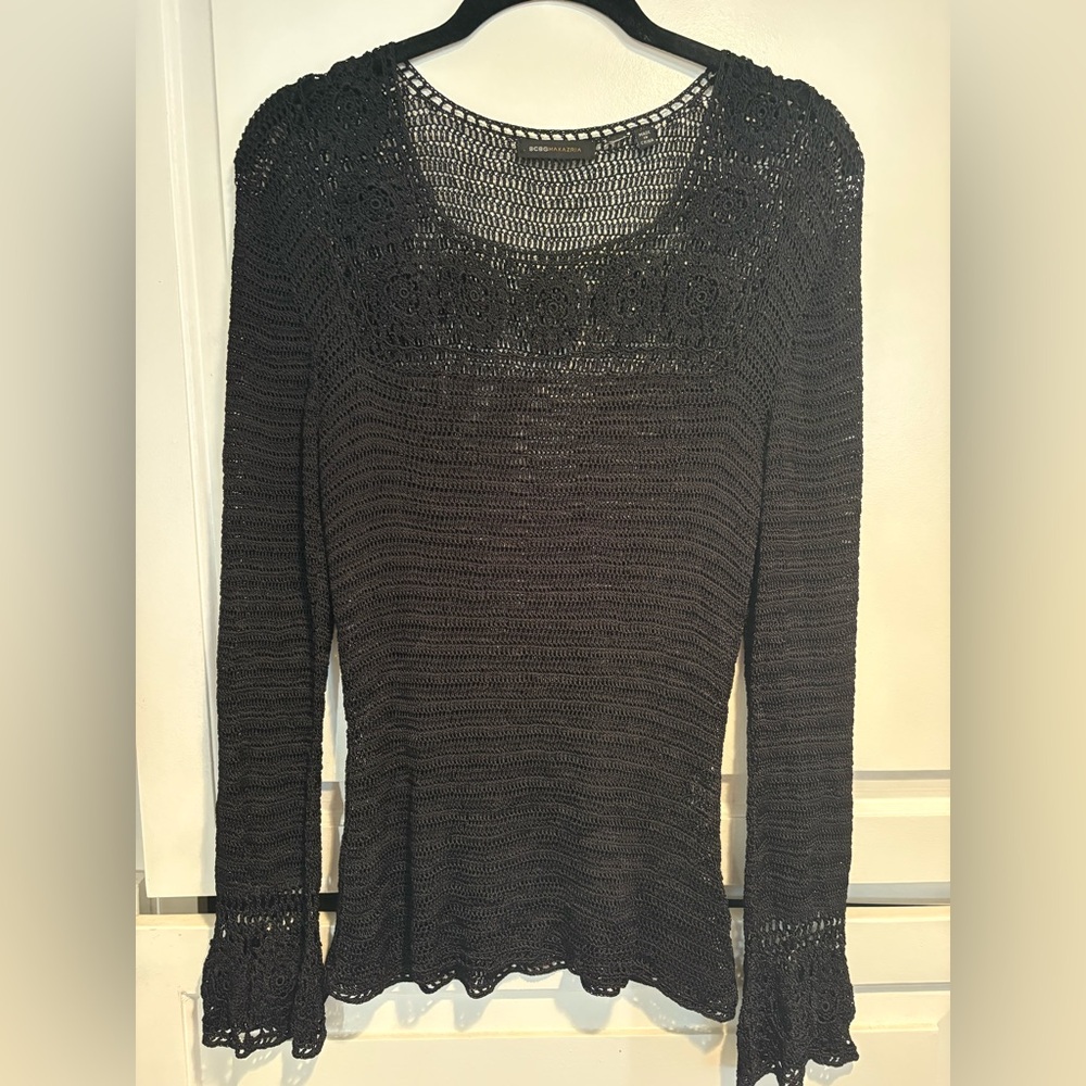 BCBGMaxazria Black Crochet Long Sleeve Top
